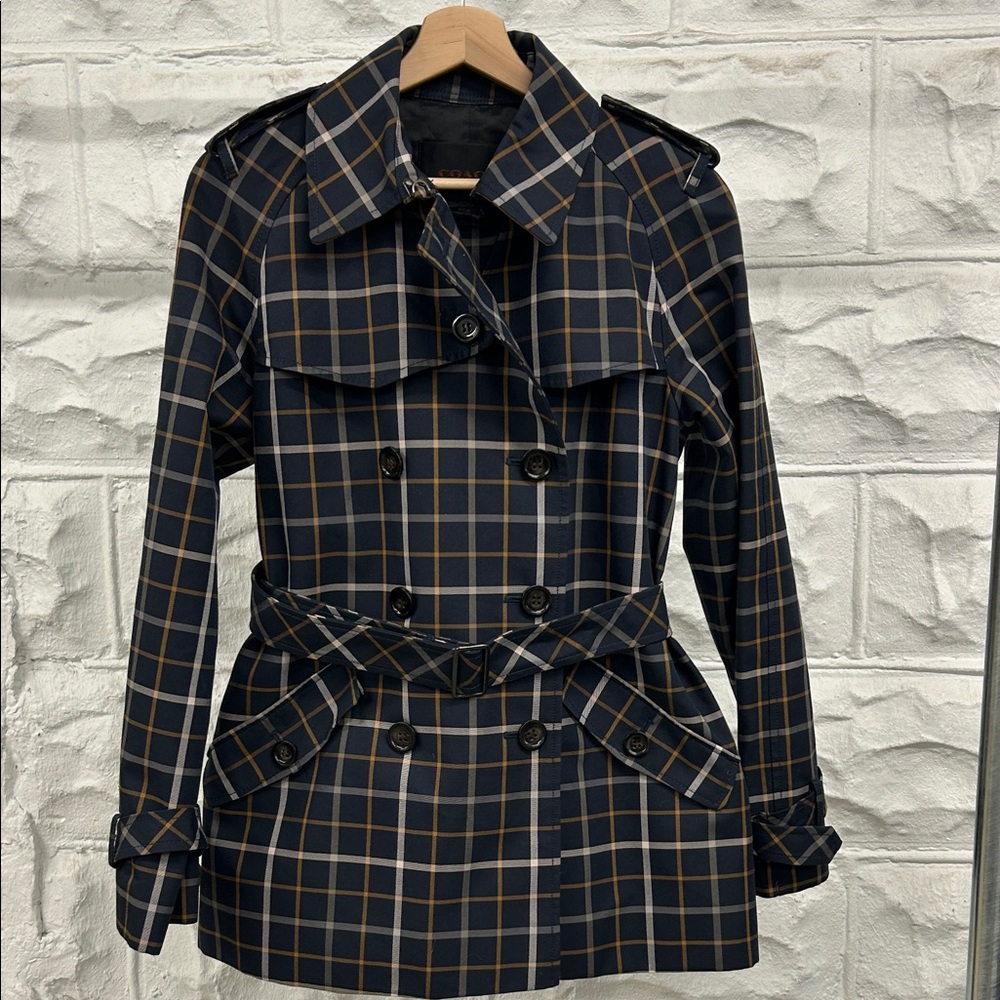 Coach Navy and Brown Plaid Trench Coat